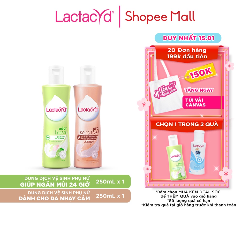 Bộ Dung Dịch Vệ Sinh Phụ Nữ Lactacyd Odor Fresh Ngăn Mùi 24H 250ml + Pro Sensitive Cho Da Nhạy Cảm 250ml