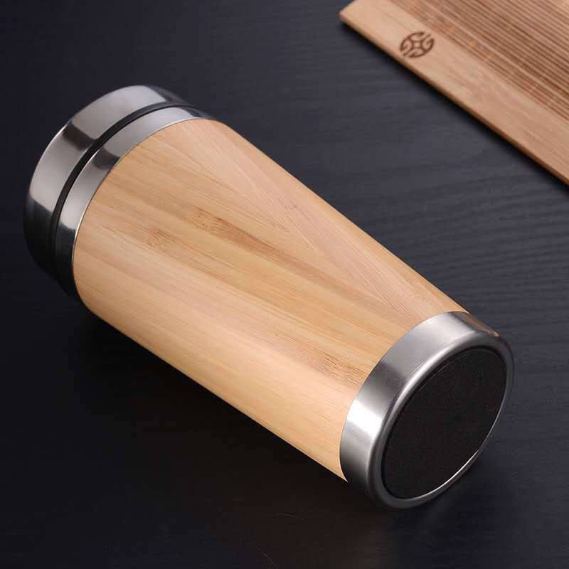 Cốc - Ly Uống Nước Vỏ Tre Cao Cấp - Lõi Inox 304 Giữ Nhiệt - 450ml (Tặng Ống Hút Inox Gập 0.6 x 21cm)
