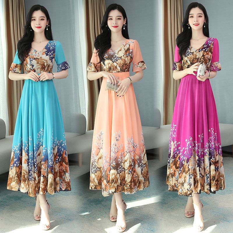 Summer New Style Korean Version of V-neck Ice Silk Print Dress Fashion Women's Waist Slimming Over-the-knee Long Skirt and Big Swing