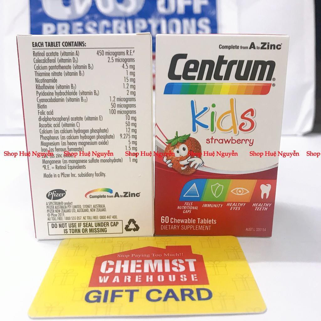 Viên nhai Centrum Kids Strawberry 60 viên, vitamin tổng hợp giúp bé đủ chất, ăn ngon và tăng sức đề kháng