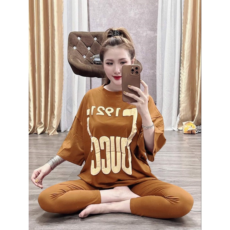 Đồ bộ nữ quần dài tay ống rộng in chữ chất liệu cotton thoáng mát