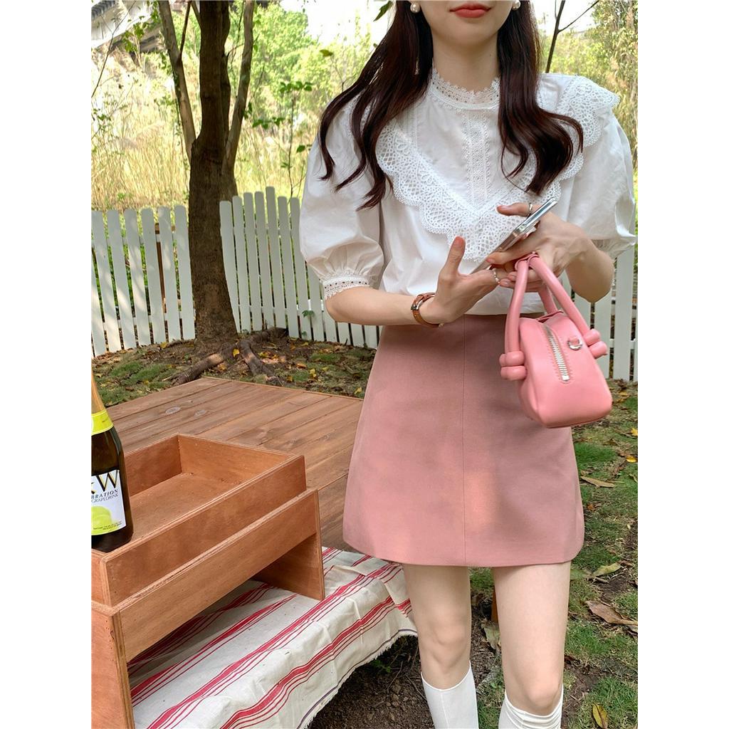 Áo Sơ Mi Trơn Cổ Đứng Ngắn Tay Phối Ren Cỡ Nhỏ Thời Trang Sành Điệu 62321