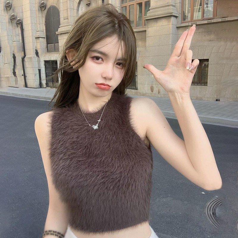 Áo Croptop Dệt Kim Không Tay Cổ Tròn Màu Sắc Đơn Giản Cho Nữ