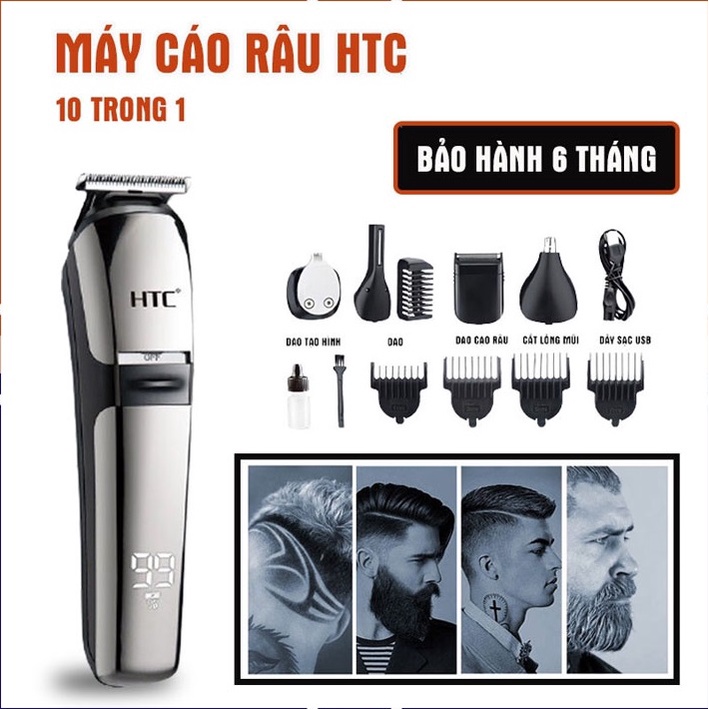 Tông đơ cắt tóc, cạo râu kiêm chấn viền chính hãng HTC, sạc USB cao cấp tiện dụng, tặng kèm 8 phụ kiện