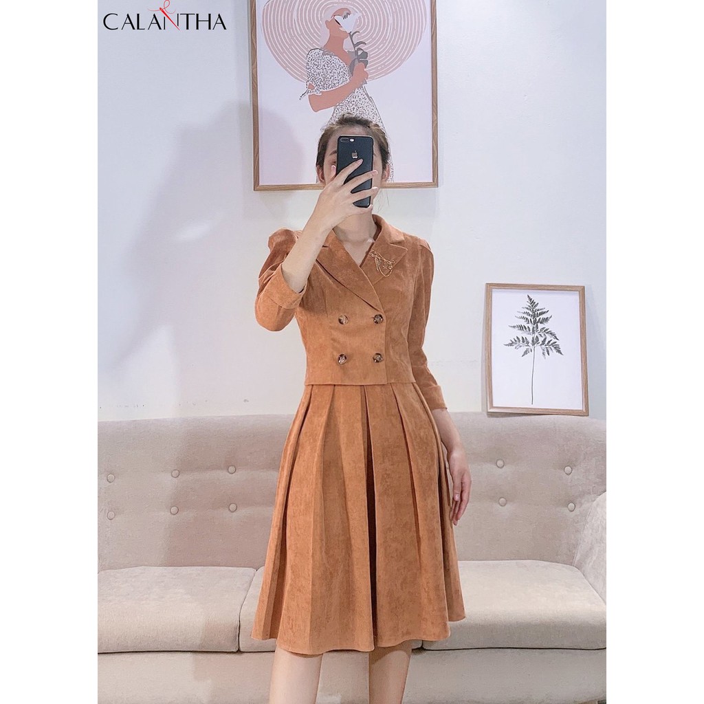 👗 váy nhung nữ Set bộ áo vest lửng mix váy đẹp thời trang thiết kế calantha S01