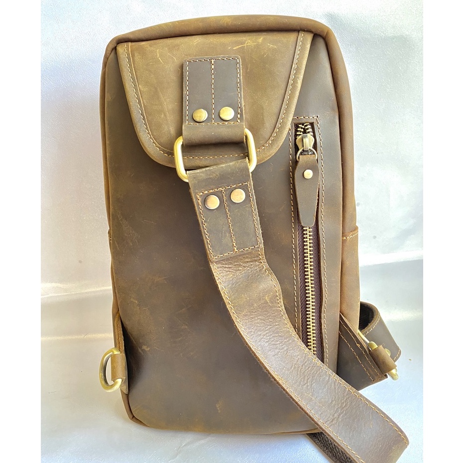 Túi đeo chéo trước ngực , Túi nam da thật 100% da bò sáp Handmade khâu tay thủ công BH 3 năm