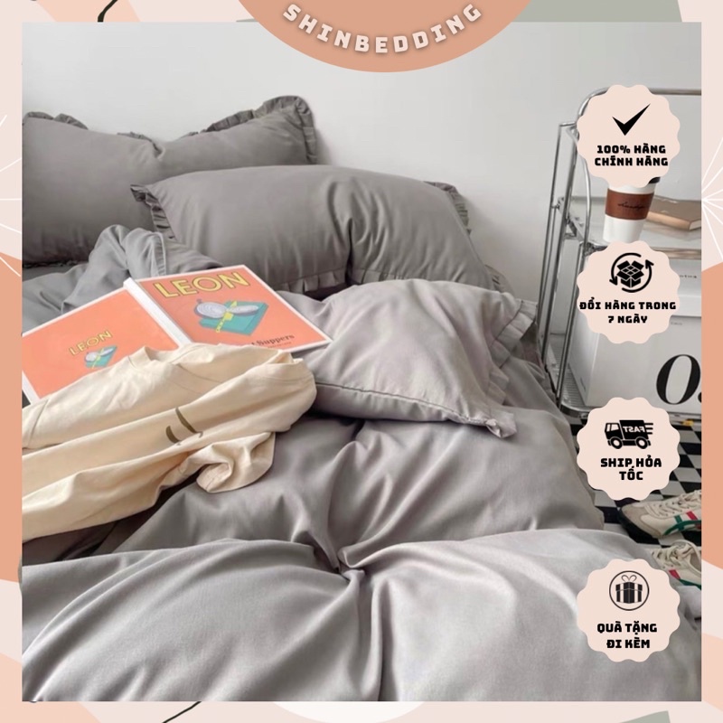 Set Chăn Ga Cotton TC Viền Bèo Xám Ghi Mềm Mát Hàng Chuẩn Xuất Nhất (Shinbedding.shop)