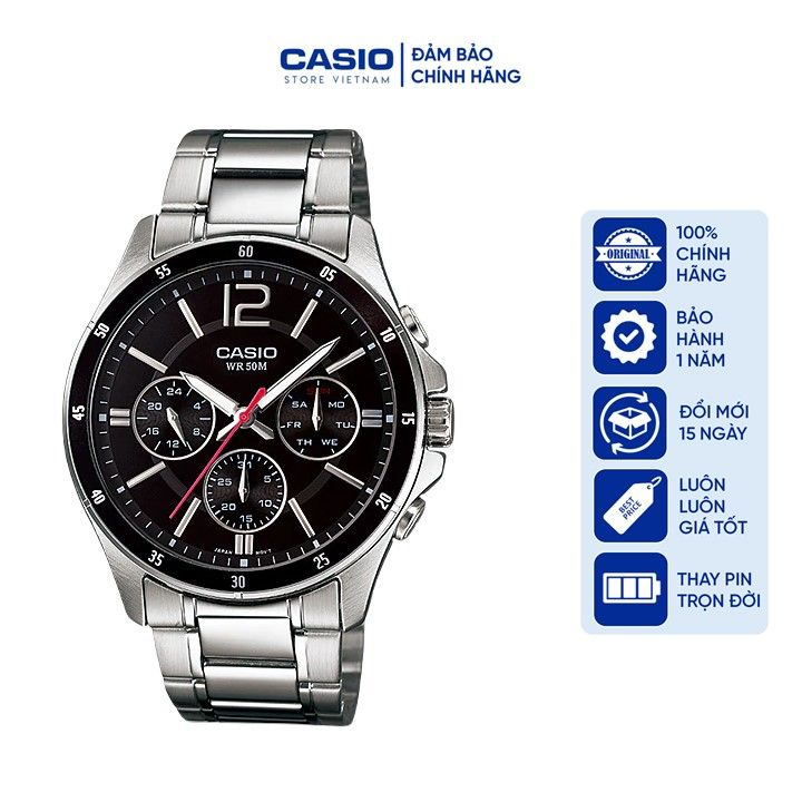 Đồng hồ Nam Casio MTP-1374D-1AV, đồng hồ chính hãng, dây bạc mặt đen 6 kim