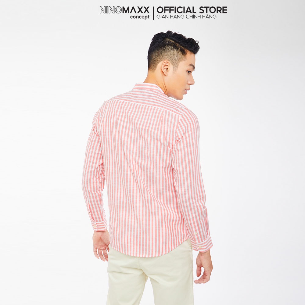 NINOMAXX Áo Sơ Mi Nam tay dài cổ tàu sọc trắng hồng dáng regular fit 100% cotton 1905190