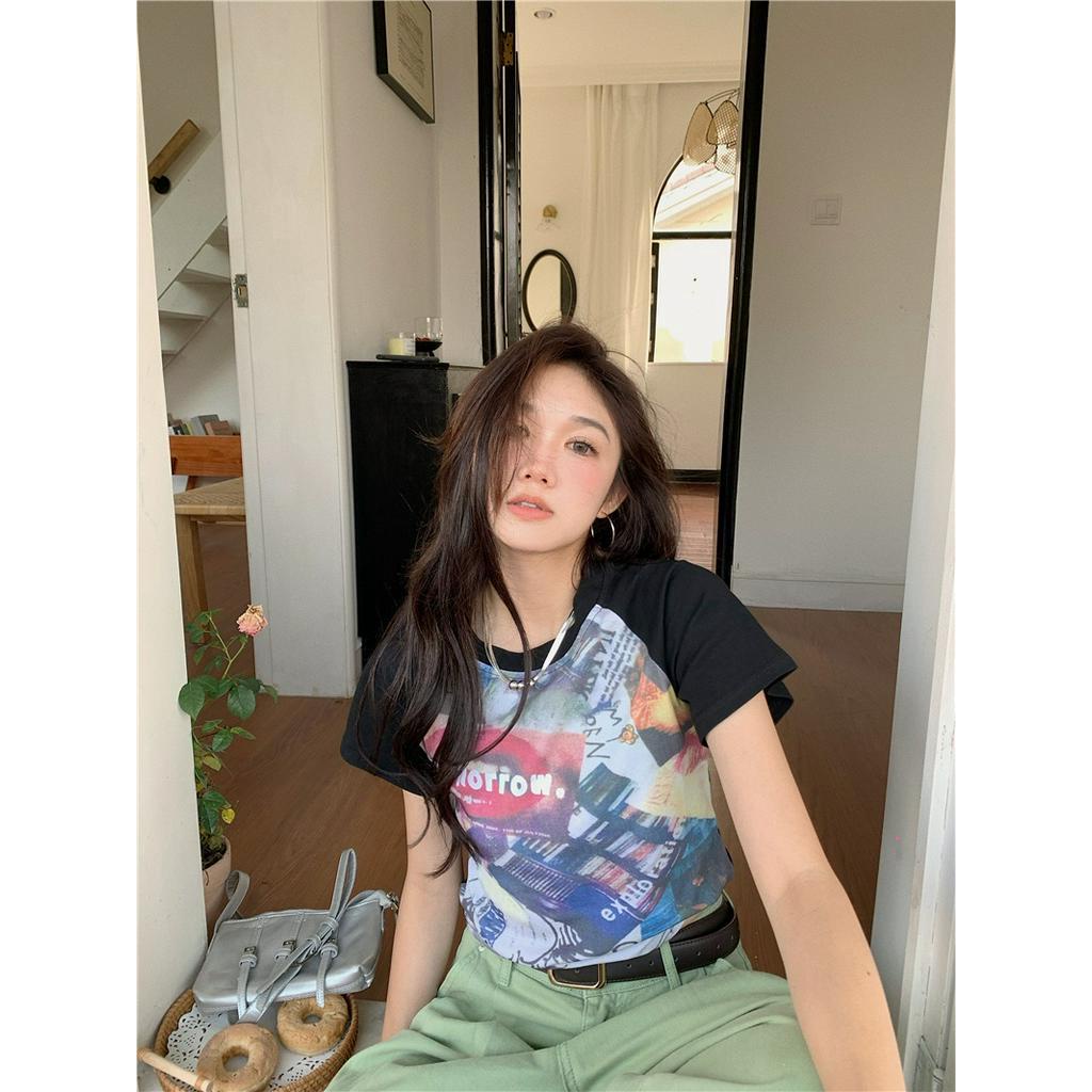 64042 Áo Thun Cotton Tay Ngắn Raglan In Trừu Tượng Phong Cách Mới