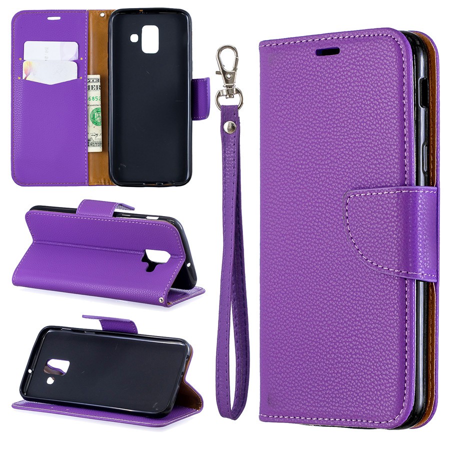 Bao da điện thoại màu trơn thanh lịch có ngăn đựng thẻ + dây đeo cho Samsung Galaxy A6/6+ 2018 | BigBuy360 - bigbuy360.vn