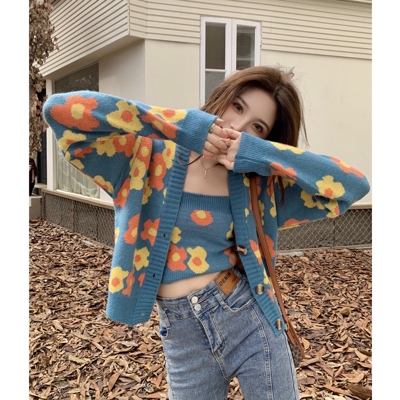 Áo Cardigan Dệt Kim Tay Dài In Hoa Mùa Thu Cho Nữ (Bán Riêng Biệt)