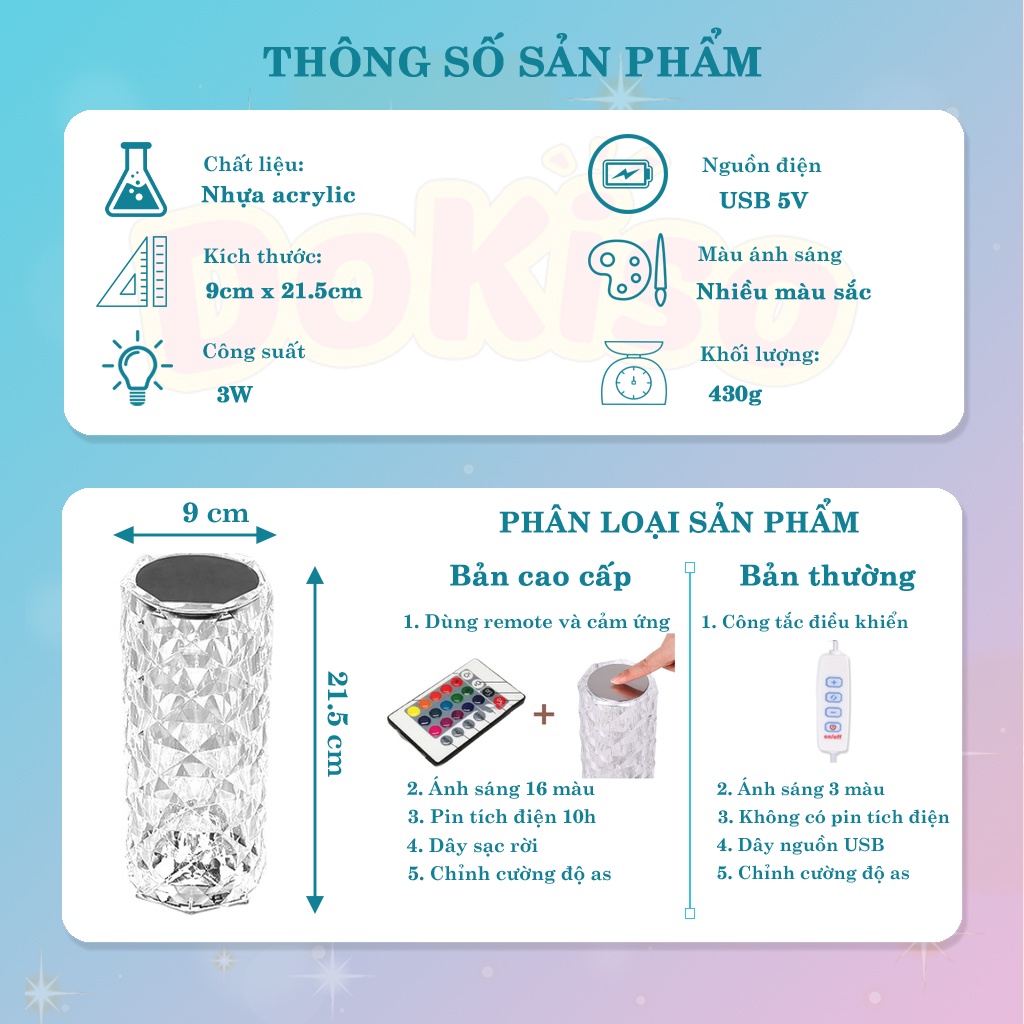 Đèn ngủ để bàn pha lê trang trí ánh sáng đầy đủ màu sắc, mẫu mã decor phòng