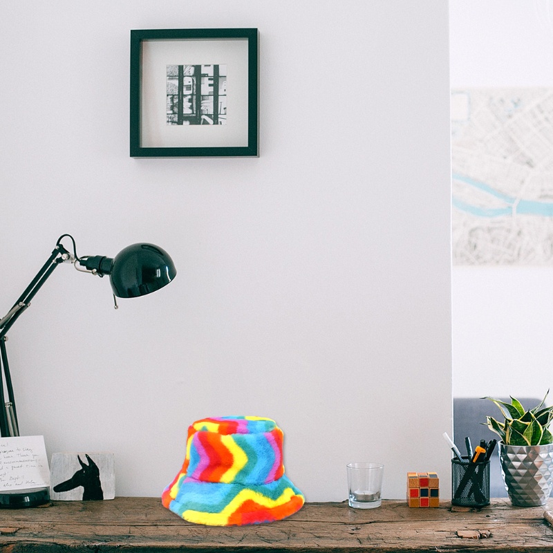 Nón Tai Bèo Giả Lông Thỏ Họa Tiết Sọc Cầu Vồng Phong Cách Hipster