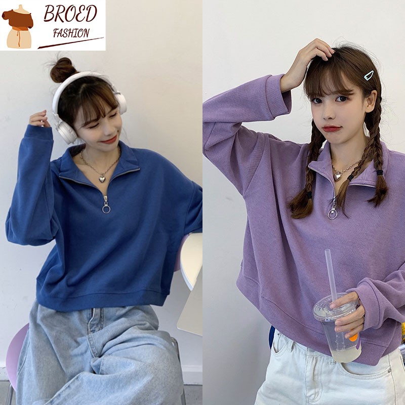 Áo Sweater Nhung Dáng Rộng Cổ Cao Phối Khóa Kéo Xinh Xắn