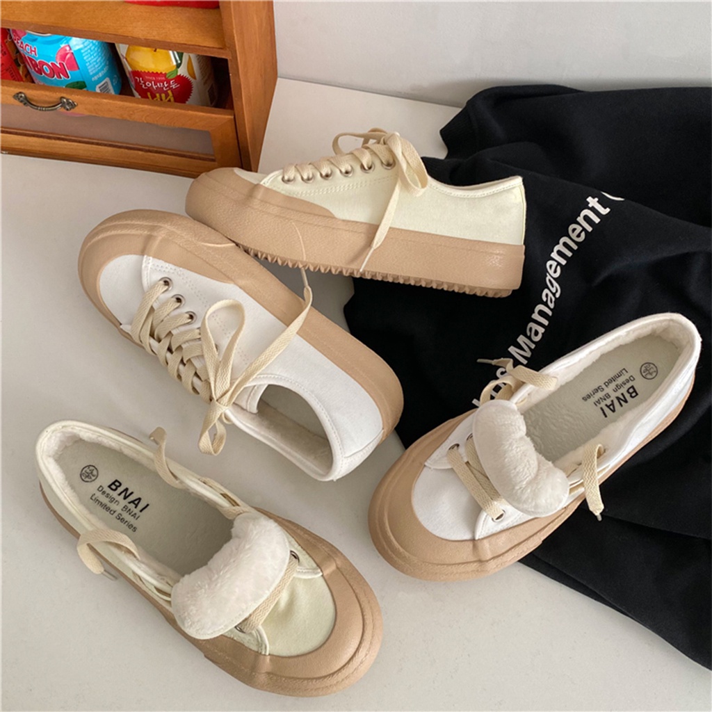 Giày thể thao nữ BUXINO20 HÓT NHẤT Giày Bata Nữ Lót Lông Ulzzang Retro Thu Đông Bánh Mì Đế Bằng Mũi Tròn Size 36 - 3