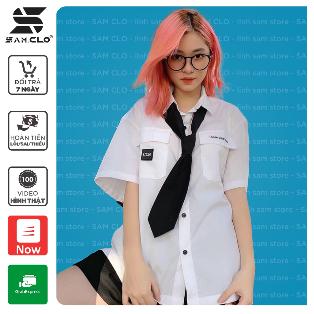 Áo sơ mi học sinh nữ tay ngắn - lỡ, form ulzzang freesize unisex, dáng rộng, mặc đi học, thêu chữ I LOVE YOU 3000 TRẮNG