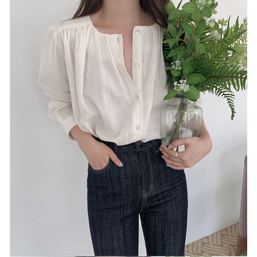 Áo sơ mi Peppermint 45723 cổ tròn dài tay dáng rộng thời trang thanh lịch