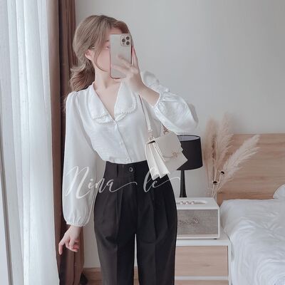 Áo sơ mi lụa cổ sen 2 lá đính viền dây ngọc tiểu thư