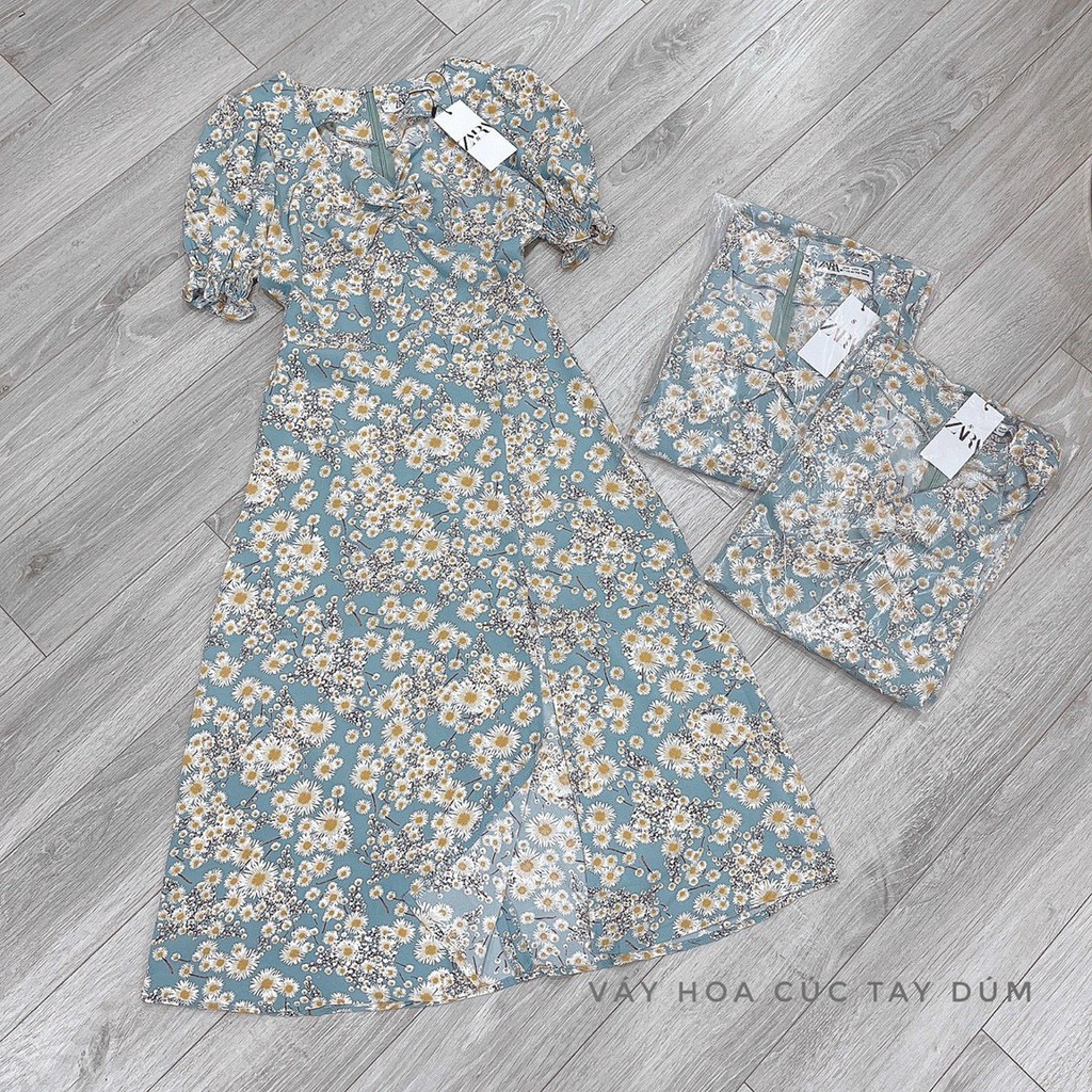Váy hoa nhí xanh tay bồng, dúm ngực, xẻ tà cực xinh | BigBuy360 - bigbuy360.vn
