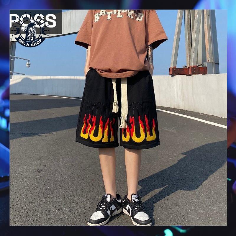 Quần Short Cotton Dáng Rộng In Chữ Và Ngọn Lửa Phong Cách Retro Mỹ Cao Cấp