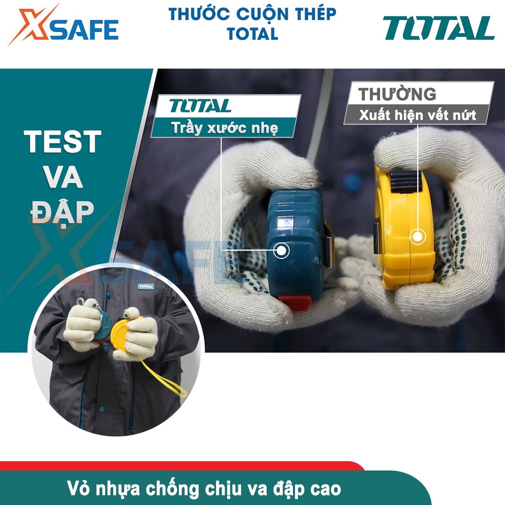 Thước cuộn thép nền vàng TOTAL  3 kích thước lựa chọn, vỏ nhựa ABS cứng chắc, chống va đập, lá thước dễ kéo - chính hãng