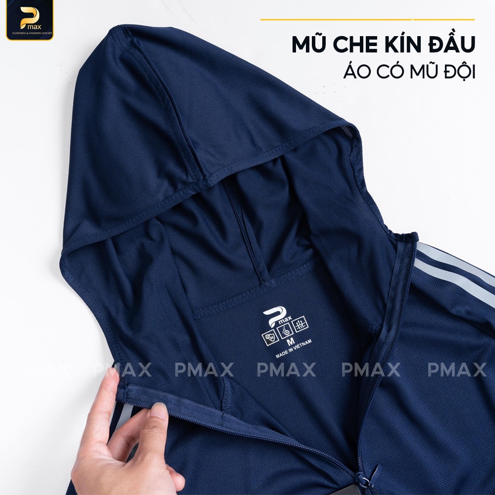 Áo chống nắng nam nữ 1 lớp PMAX cản tia UV, bụi mịn vải kim cương thơm phối lỗ thoáng khí xanh than