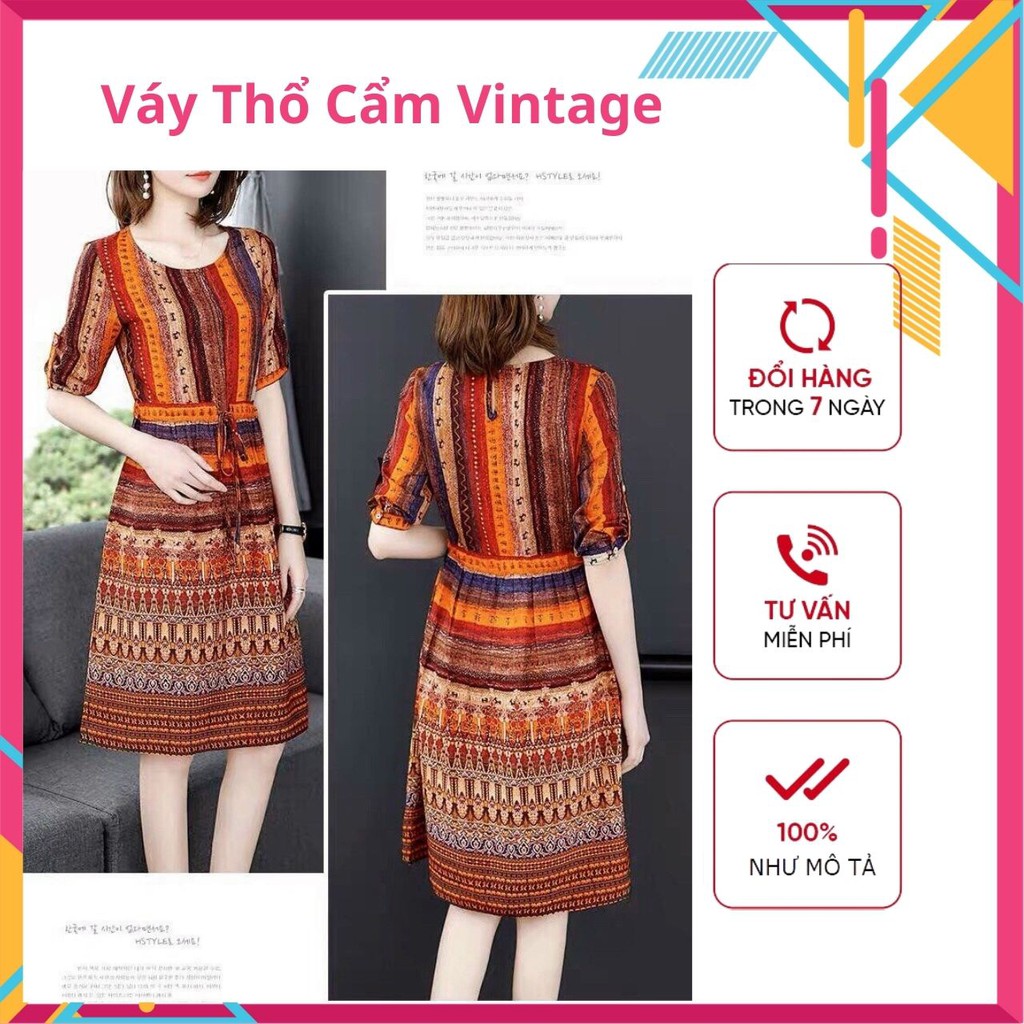 Váy Thổ Cẩm Vintage, Đầm Xòe Đẹp, Vải Lụa Mát Mẻ, Không Nhăn, May Kĩ, Form Chuẩn