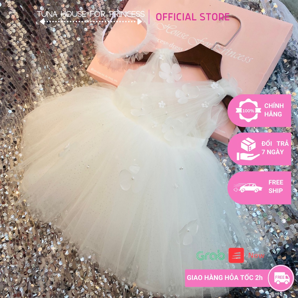 Váy đầm xoè công chúa thiết kế cho bé gái đính hoa ngực chéo xinh xắn - Tuna House For Princess