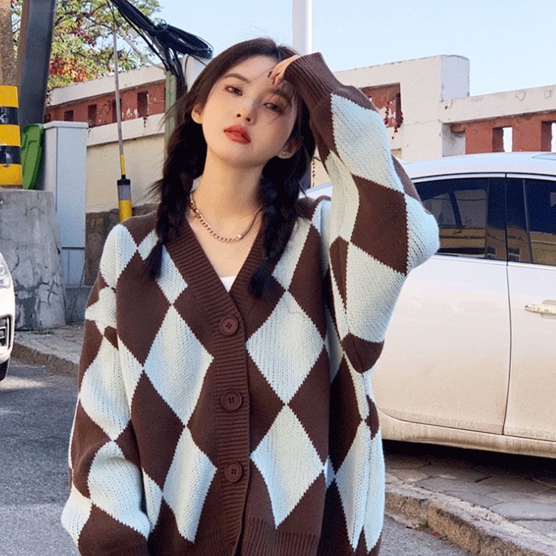 Áo Khoác Cardigan Dệt Kim Cổ Chữ V Dáng Rộng Hoạ Tiết Hình Thoi Phong Cách Retro