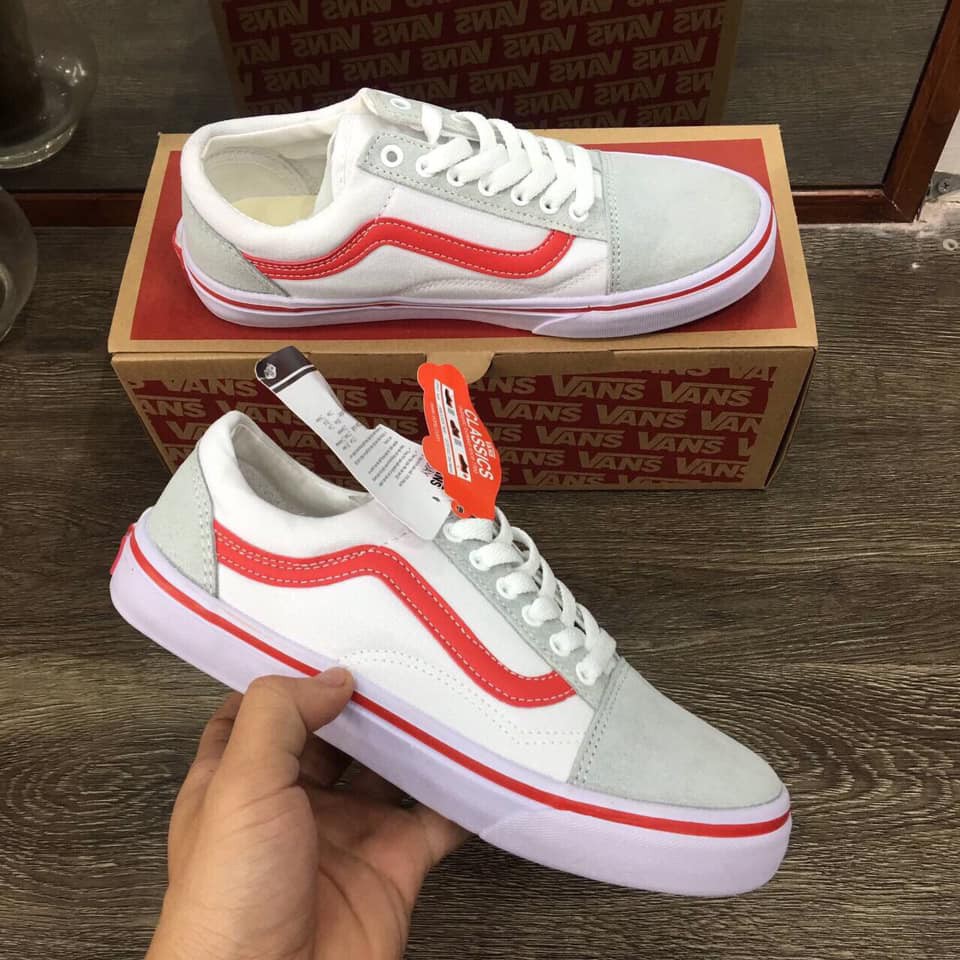 ✅ (ảnh thật) giày thể thao nam nữ vans trắng sọc đỏ ✅ GIẢM GIÁ 20% | "