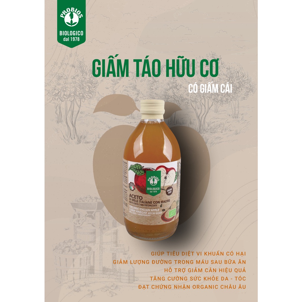 Giấm táo  hữu cơ Bragg/Probios, Giấm lựu  hữu cơ ProBios Giảm Cân Ăn Kiêng Có con cái 500m