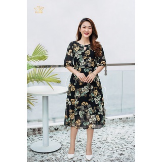 Đầm hoa trung niên dáng xòe thiết kế cổ tròn khoét V tay bo màu đen hoa TTV1000
