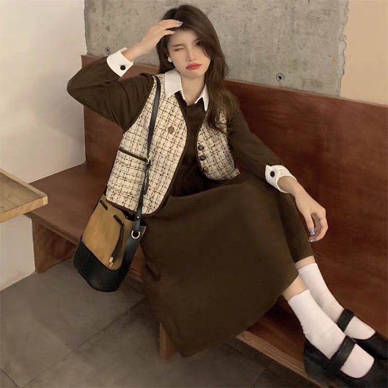 Set váy nhung tăm xoè kèm áo khoác gile dạ tweed vintage