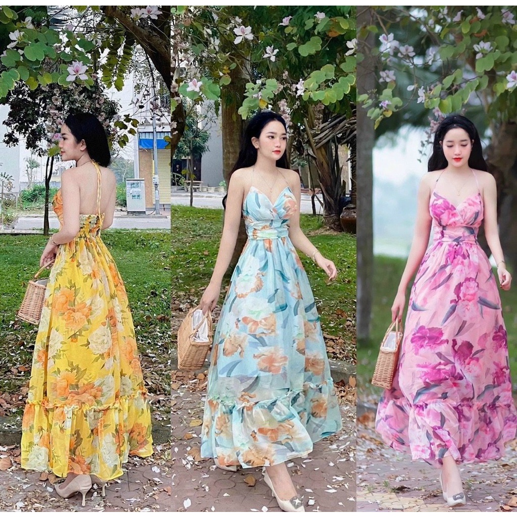 (Ưu Đãi FreeShip)Đầm maxi hoa ,đầm thiết kế cột yếm cổ sau có bo chun,chất lụa 2 lớp có mút,đi biển sang chảnh luôn ạ