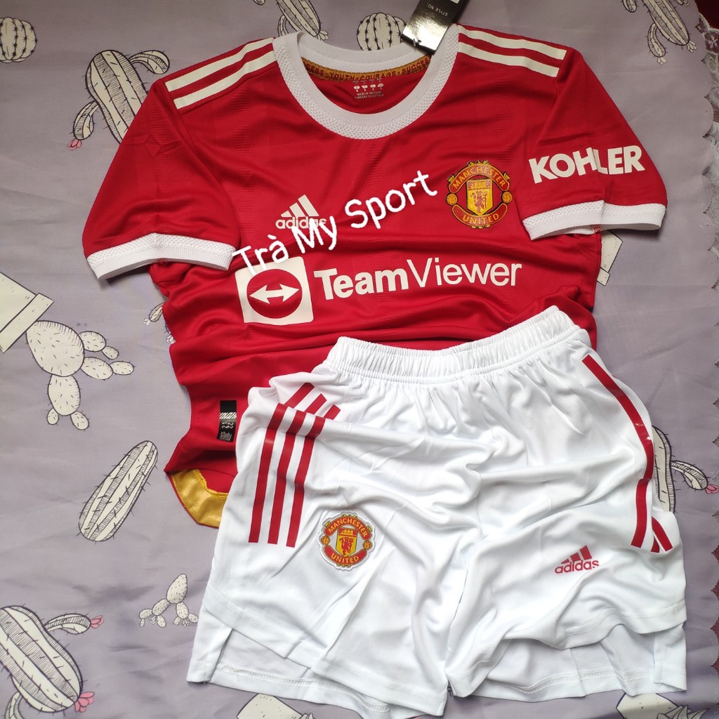 Bản Đẹp Xẻ Tà Ảnh Thật - Bộ Quần Áo Bóng Đá CLB MU Manchester United Man UTD Logo Cao Su Đỏ Quần Trắng Sẻ Tà Mới 2022 !