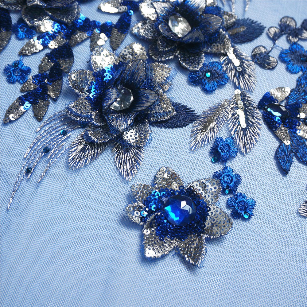 Miếng Vải Ren Thêu Hoa Đính Kim Sa Màu Xanh Dương Lớn Dùng May Vá Quần Áo / Trang Trí Váy Cưới