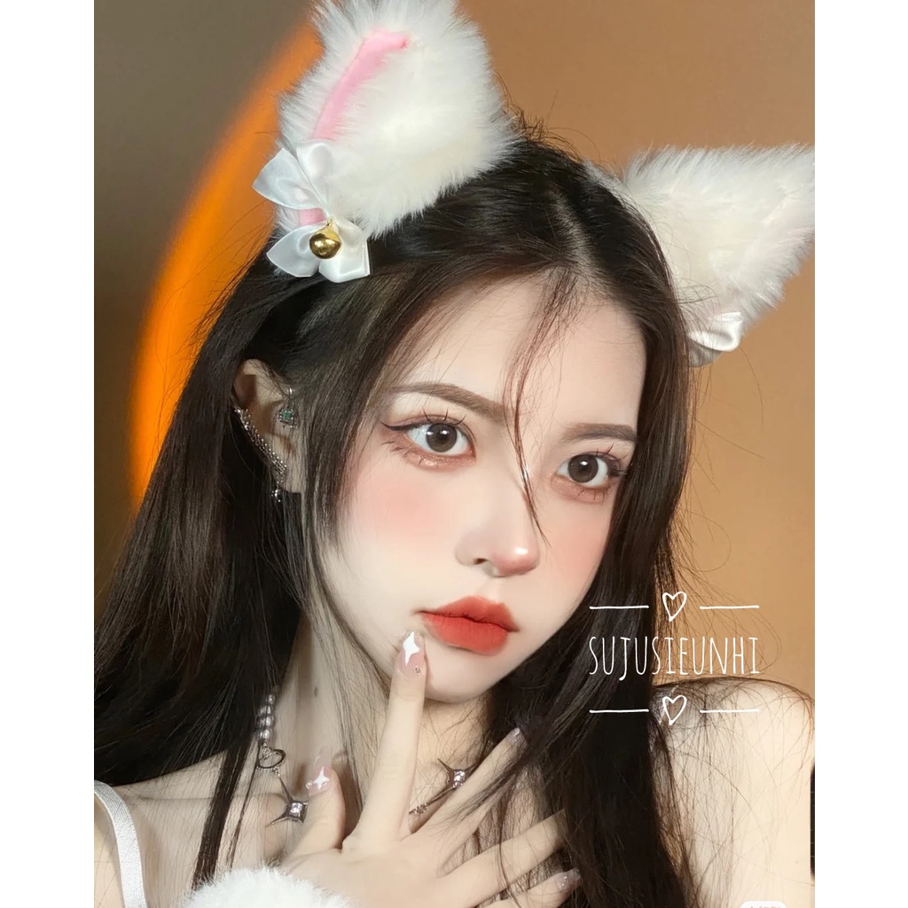 (Đủ màu) CÓ VIDEO- Bờm tóc / băng đô, 1 đôi kẹp tóc tai mèo đính nơ chuông cosplay mèo neko