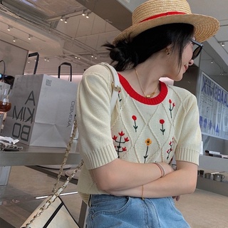 Áo len dệt kim hoa cúc, áo len thêu hoa tay cộc