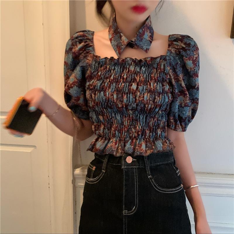 AMOI Áo Kiểu Tay Phồng Cổ Vuông Họa Tiết Hoa Phong Cách Retro Hàn Quốc