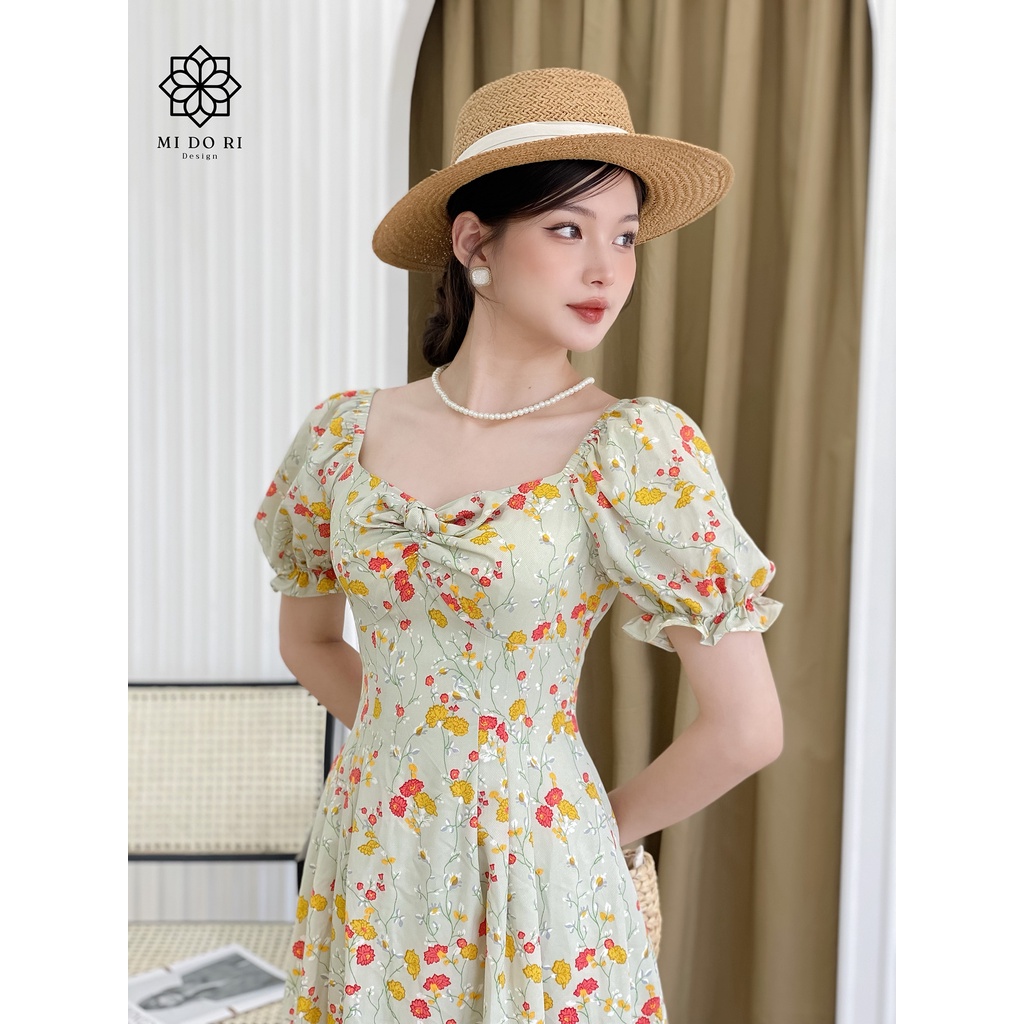 Đầm midi xoè có nơ ngực, hoa nhí nền xanh, chiffon Hàn co giãn nhẹ, 2 lớp - Fiona Dress