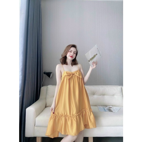 Váy đầm ngủ, đầm lụa 2 dây mặc nhà kèm quần