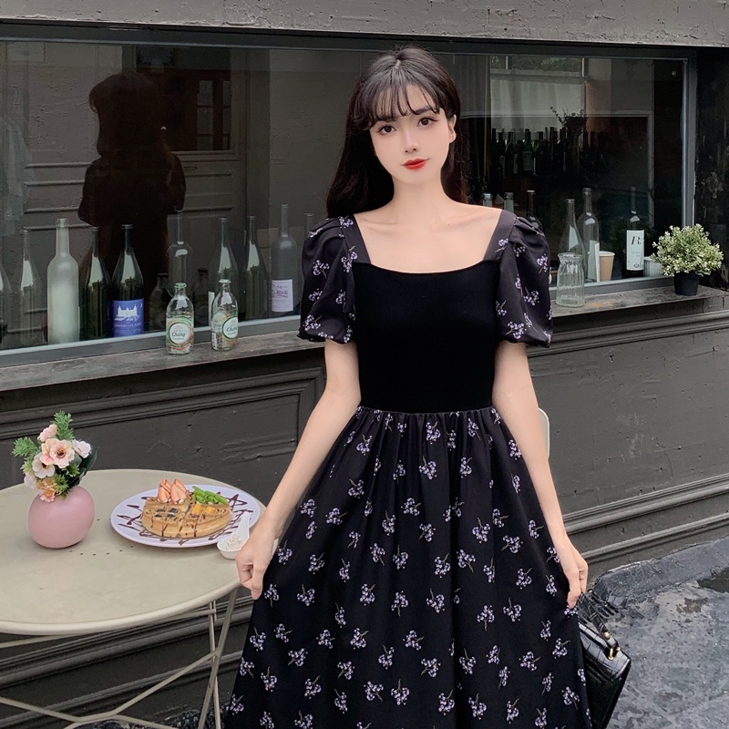 Đầm Perty in hoa tay phồng màu đen phong cách retro Hàn Quốc mùa hè cho nữ