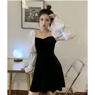 Váy nhung đen cổ vuông tay phối màu trắng xòe ngắn A - Váy nhung tiểu thư