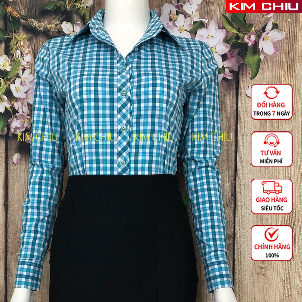 Áo Sơ Mi Nữ Công Sở Kim Chiu Kẻ Caro Lớn, Màu Xanh Tay Dài Vải Kate Mỹ Đẹp Ít Nhăn Giãn Nhẹ ĐỔI TRẢ THOẢI MÁI. SMTD01