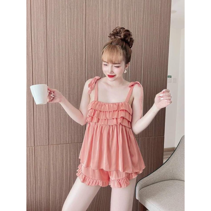 Đồ bộ ngủ nữ sexy gợi cảm quần đùi 2 dây viền bèo - CN08 | BigBuy360 - bigbuy360.vn