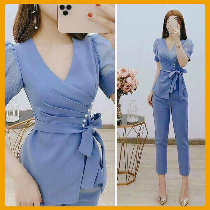 Set Bộ Công Sở - Set Bộ Xếp Ly Đính Nơ Đóng Cườm Tay Tơ Lưới - Thời Trang Dressery Store