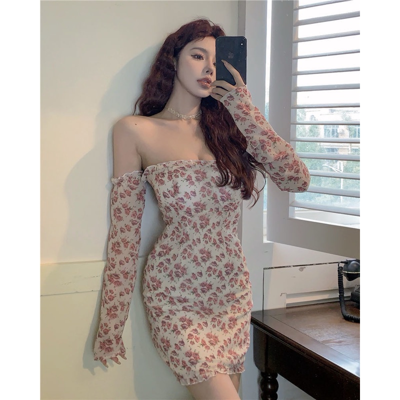 Đầm Hoa Vải Chiffon Tay Ống Ôm Ngực Kiểu Nhật Bản Thiết Kế Quyến Rũ Cho Nữ