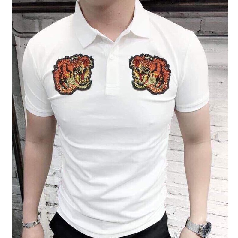 'Ảnh Thật'  Áo thun nam ngắn tay cổ bẻ thêu hình hổ chất cotton cao cấp thoáng mát | BigBuy360 - bigbuy360.vn