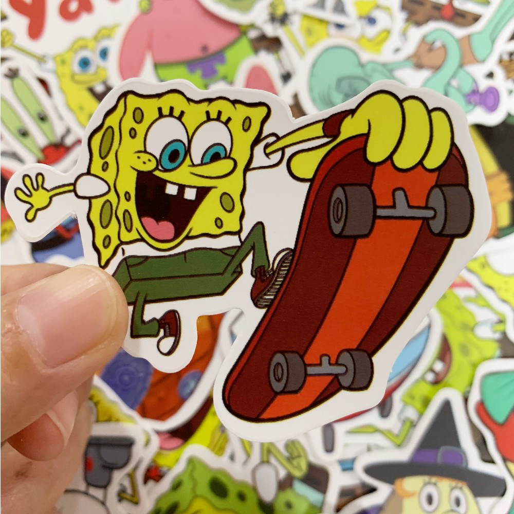 Set 50 sticker hình SpongeBob hoạt hình dễ thương dùng trang trí ván trượt / xe đạp / vali hành lý / Laptop / Notebook